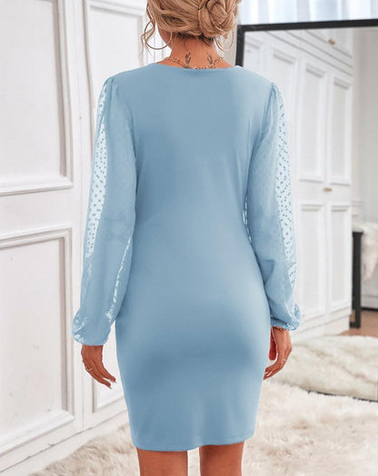 V-Neck Jacquard Long Sleeve Bodycon Dress blue