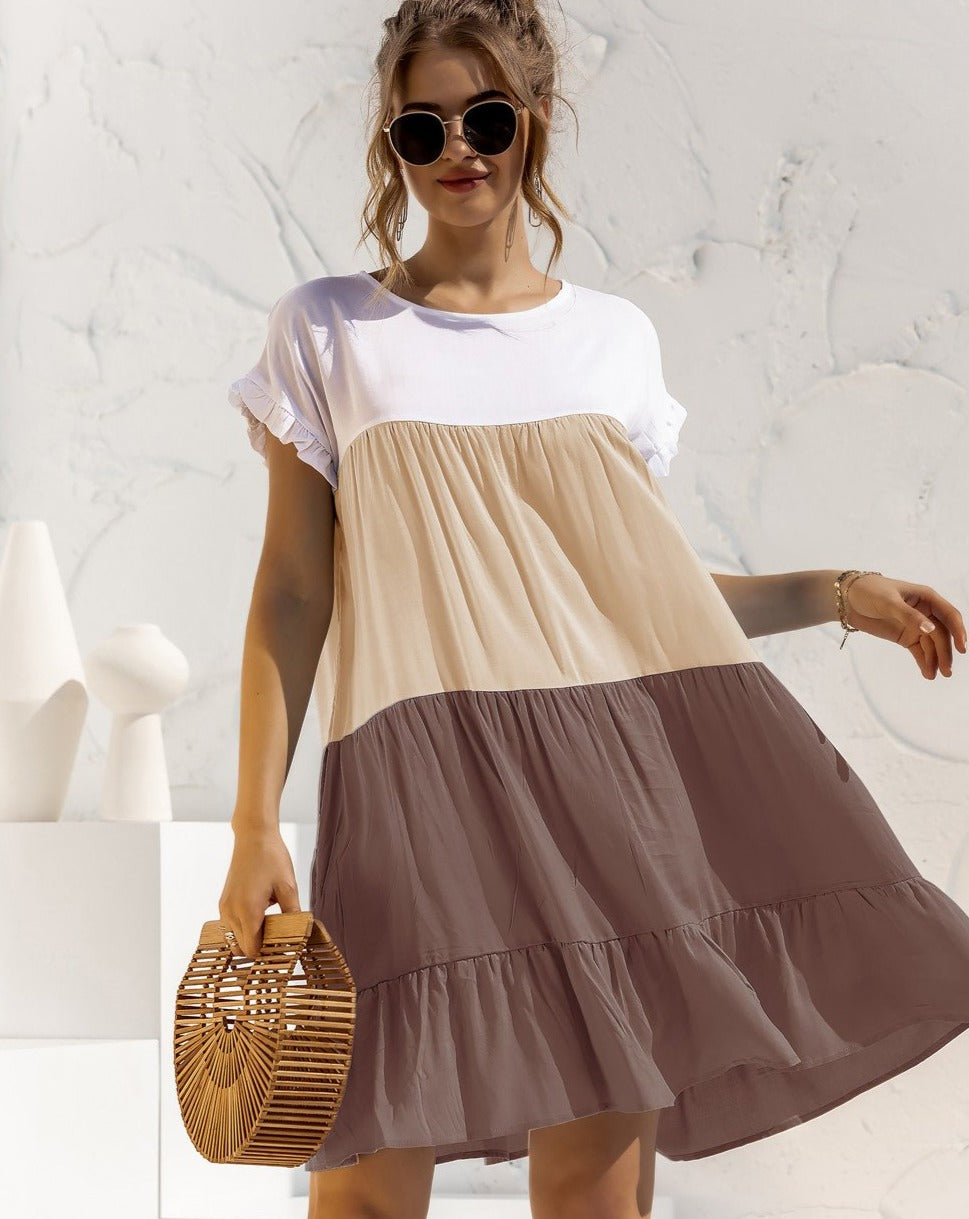 Boho Minimalist Short Sleeve Color Blocks Loose Mini Dress brown