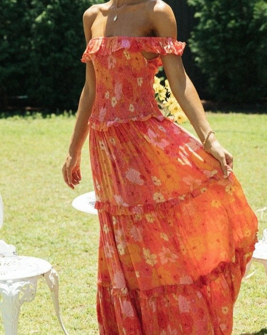 Boho Floral Off Shoulder Patch Maxi Dress