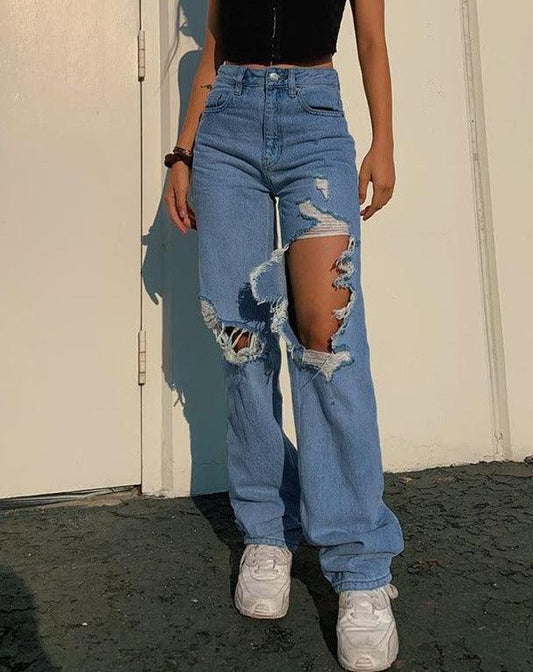 Ripped Hole Loose Jeans blue