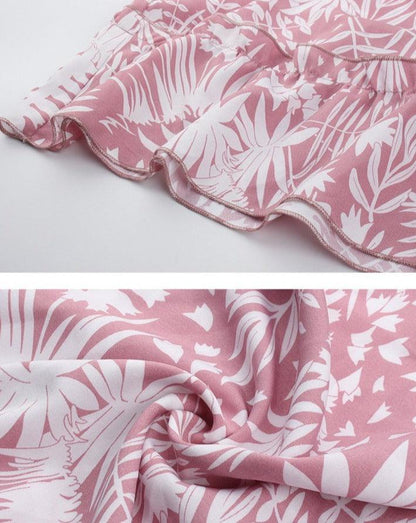 pink leaf print mid sleeve bohemian dress