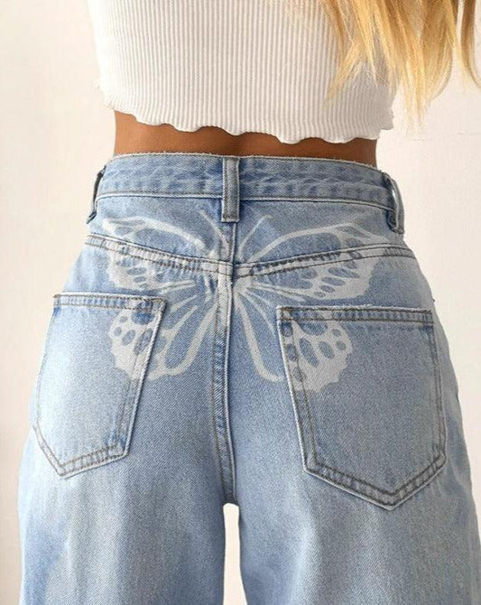 blue Butterfly Print Straight Jeans