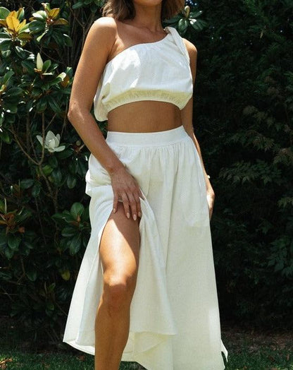 Solid One Shoulder Split Midi Skirt Sets white