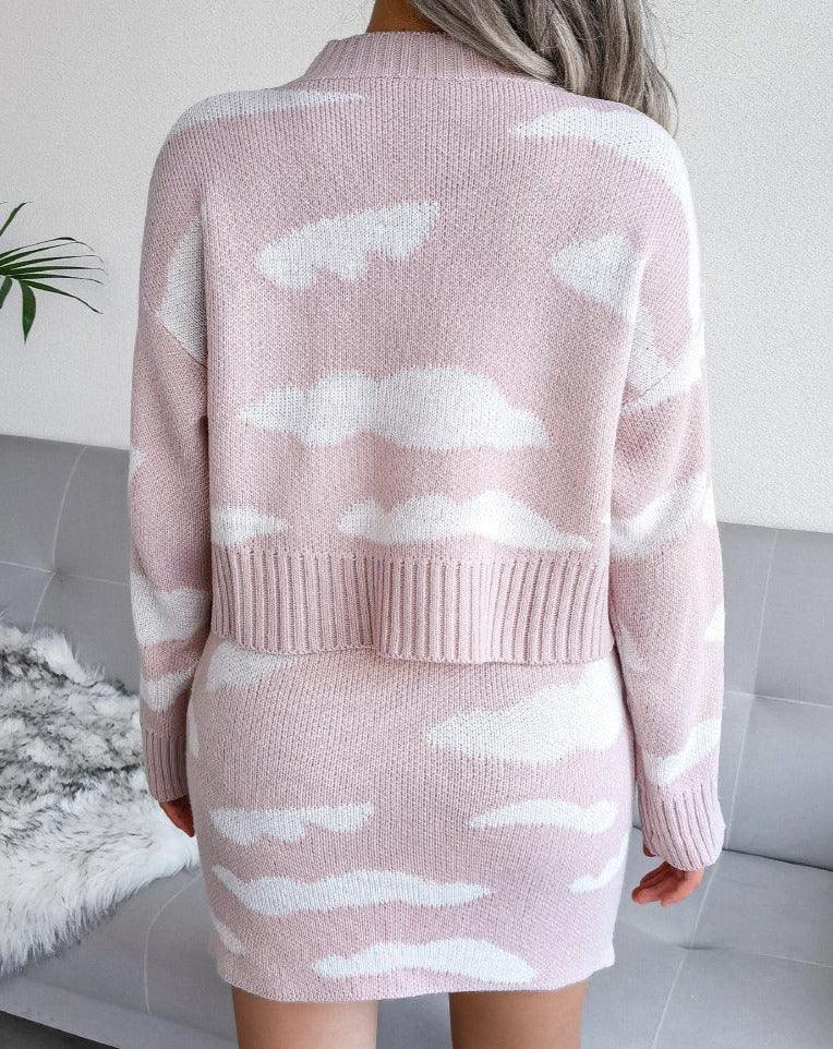 Cloud Print Sweater Skirt Two-Piece Sets pink