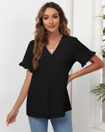 Solid Short Sleeve V Neck Buttons Down Blouse Black