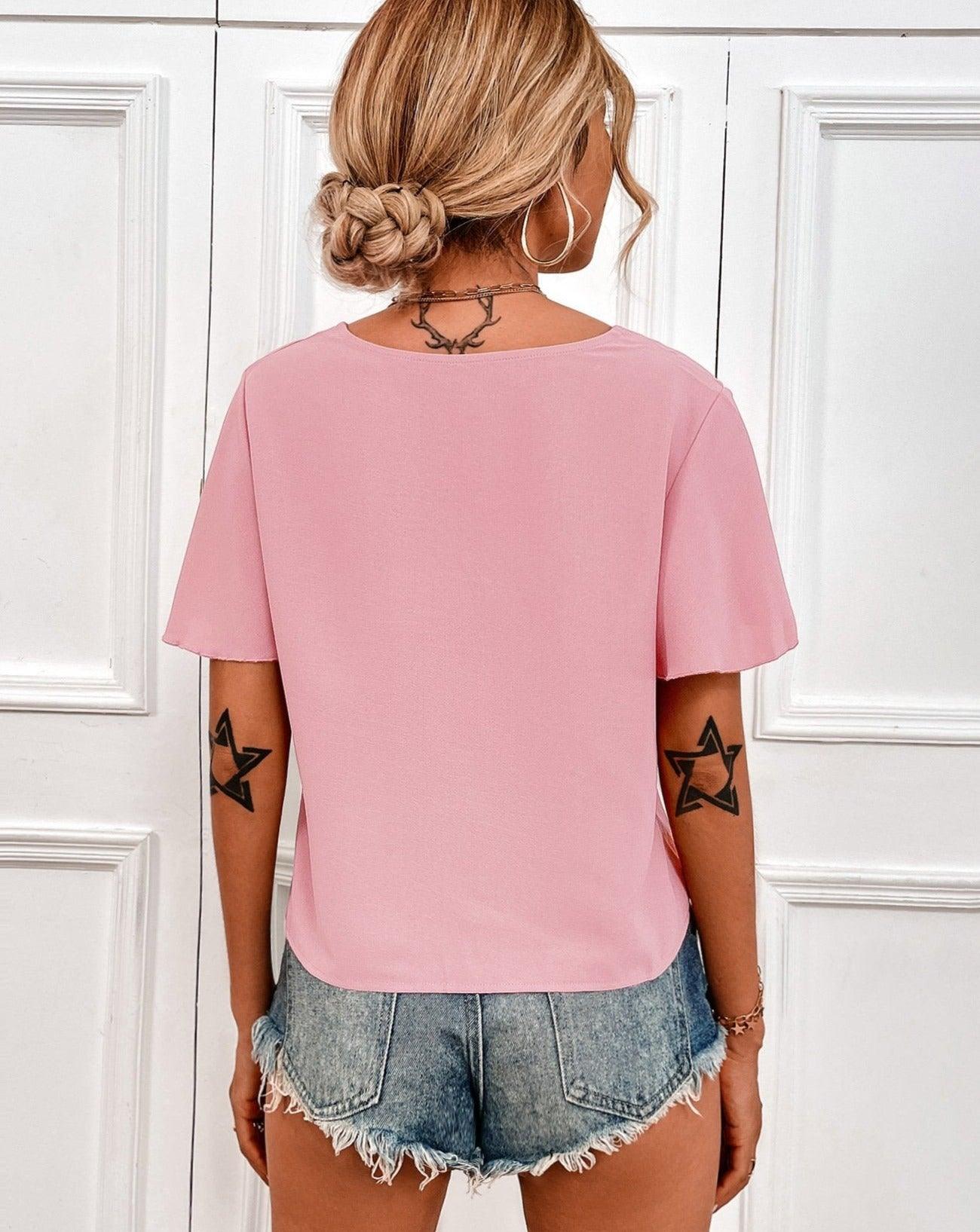 Solid V-Neck Buttons Blouses pink
