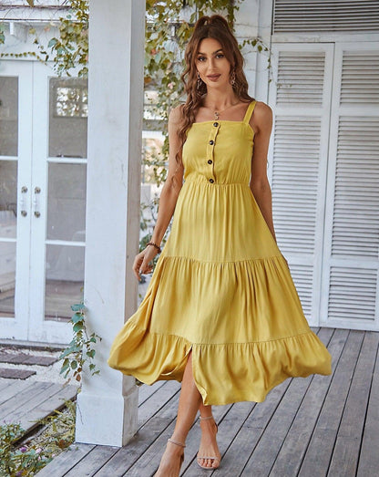 Boho Solid Sleeveless Midi Dress yellow