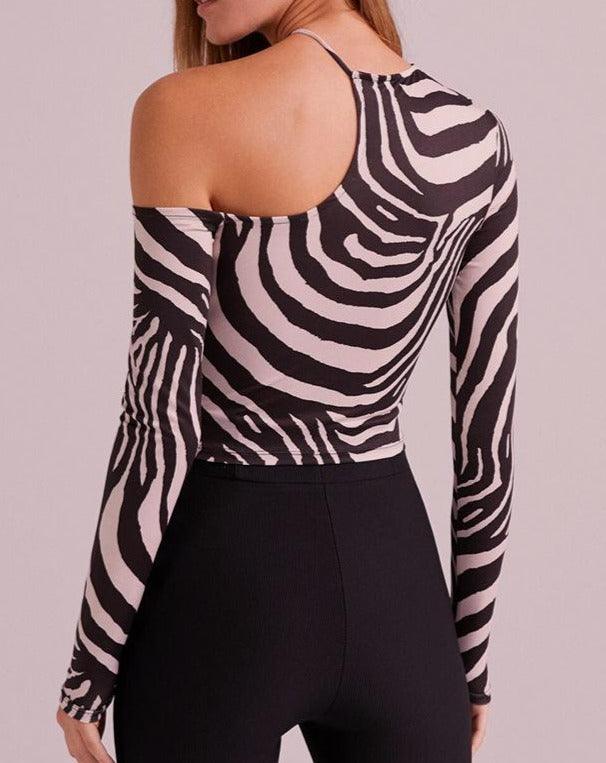 Round Neck Long Sleeve One Shoulder Top