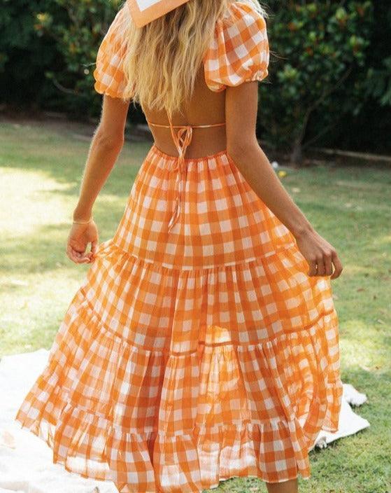 Boho Plaid Print Short Sleeve Midi Dress orange