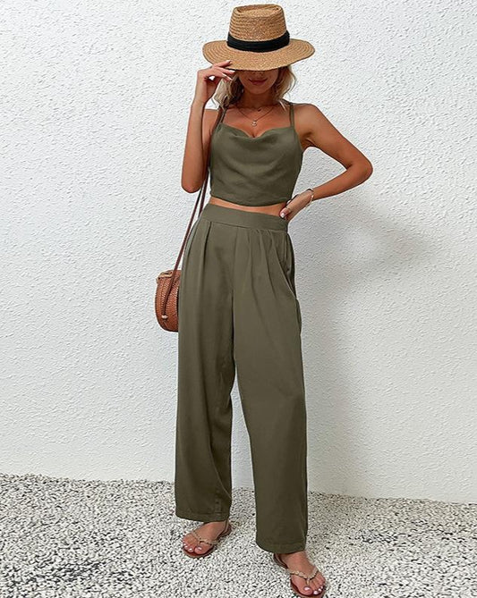 Solid Backless Cami Top Casual Pants Sets Green